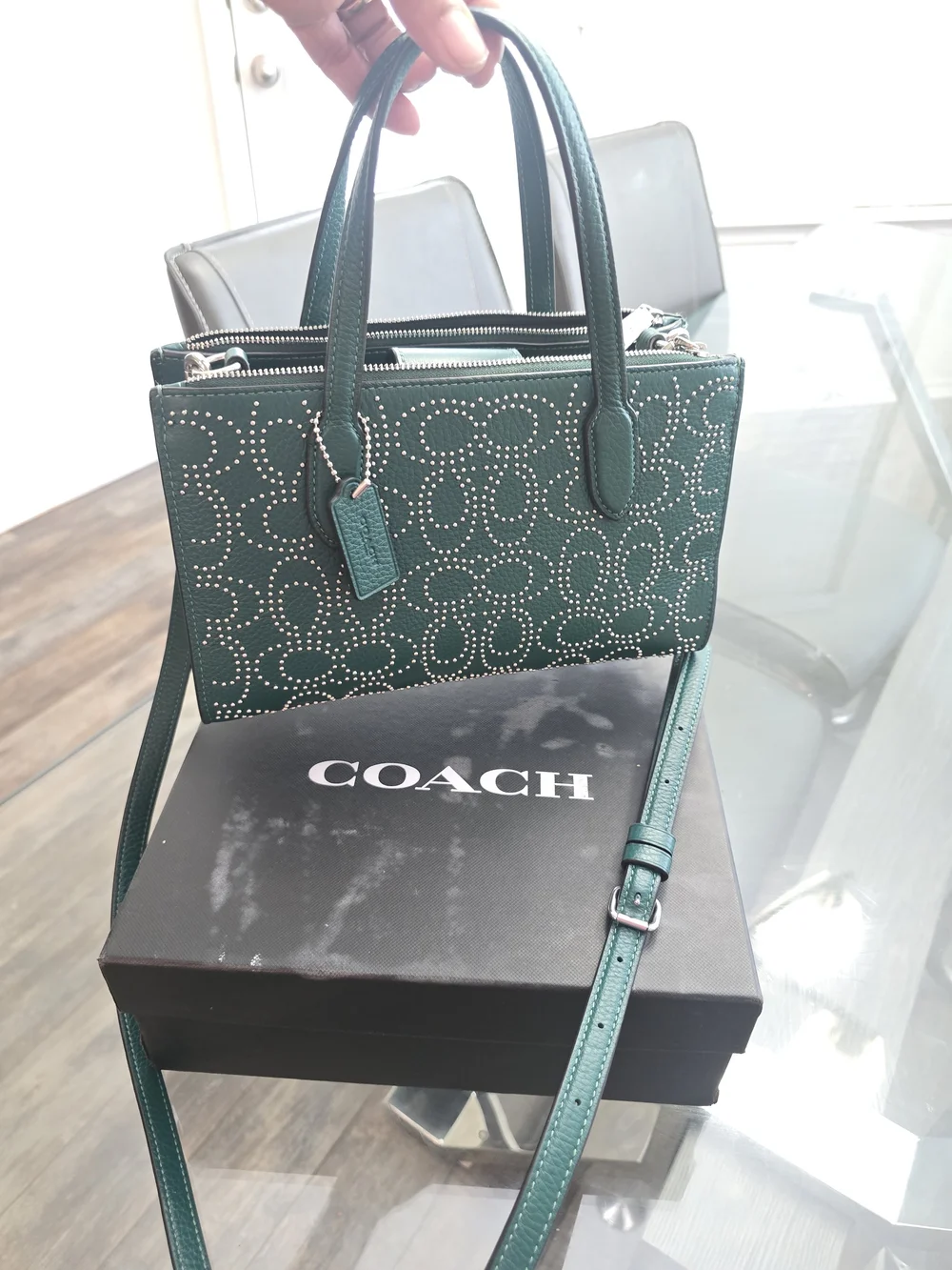 COACH Green Studded Signature Leather Tote - Picture 6 of 8
